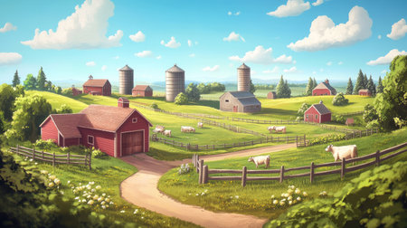 A high-angle aerial view of a dairy farm, showing barns, silos, fenced pastures, and cows moving around under a blue sky.の素材