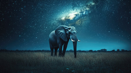 A lone elephant standing beneath a starry night sky, illuminated by the soft glow of the moon.の素材