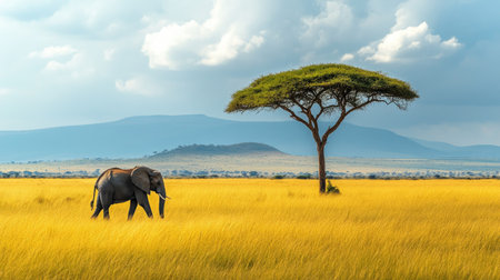 A lone wild elephant walking through the vast African savanna, surrounded by golden grass and acacia trees.の素材