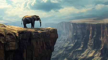 A lone elephant standing at the edge of a cliff, overlooking a breathtaking canyon below.の素材