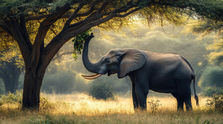 A massive elephant using its trunk to pull leaves from a tall tree, feeding in its natural habitat.の素材