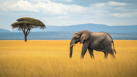 A lone wild elephant walking through the vast African savanna, surrounded by golden grass and acacia trees.の素材