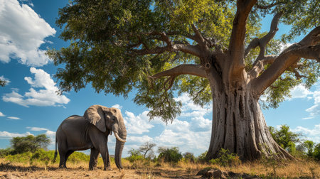 A massive elephant standing under a towering baobab tree, enjoying the shade on a hot day.の素材