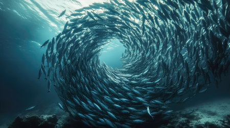 A massive school of sardines forming a swirling tornado shape as they move in harmony.の素材