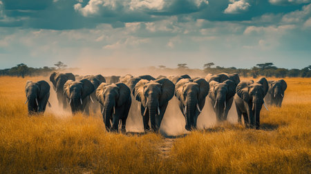 A massive herd of wild elephants walking together across the African savanna, kicking up dust as they move.の素材