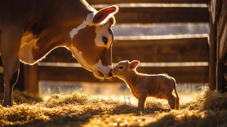 A mother cow gently licking her newborn calf in a barn filled with hay, soft sunlight filtering through wooden slats.の素材