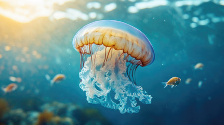 A mesmerizing shot of a jellyfish drifting in the ocean, with small fish swimming nearby.の素材