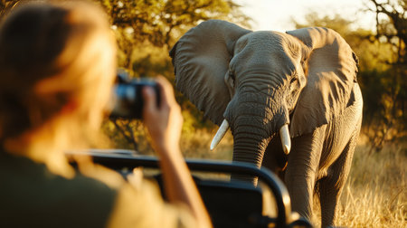 A photographer capturing a close-up shot of an elephant from the back of a safari vehicle.の素材