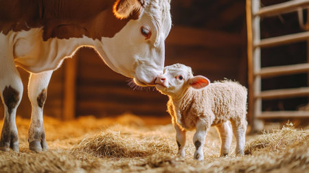 A mother cow licking her newborn calf clean while the calf takes its first steps inside a warm barn with hay-covered floors.の素材