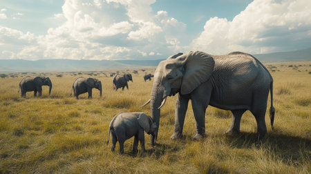 A mother elephant gently touching her calf with her trunk while other herd members graze nearby.の素材
