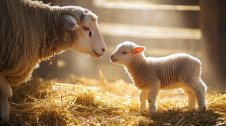 A newborn lamb standing close to its mother in a barn, with golden straw covering the floor and soft light filtering in.の素材