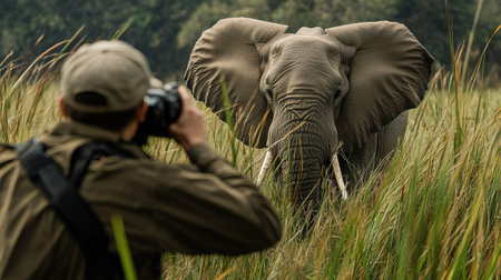 A photographer hidden behind tall grass, waiting patiently to capture a wild elephant in its natural habitat.の素材