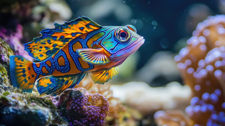 A mesmerizing mandarin fish with intricate, psychedelic colors gliding near a cluster of coral.の素材
