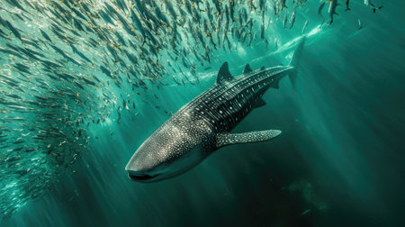 A massive whale shark swimming peacefully with a school of small fish surrounding its enormous body.の素材