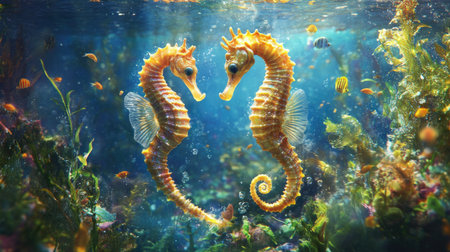 A pair of seahorses floating near the ocean floor, surrounded by tiny saltwater fish and swaying sea plants.の素材