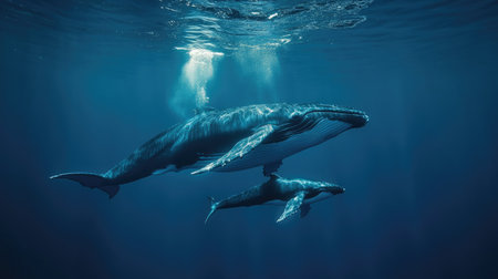 A mother whale swimming gently with her calf, a heartwarming moment in the vast underwater world.の素材