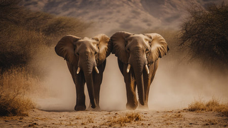 A pair of elephants walking side by side through a dry, dusty landscape, their massive footprints visible in the sand.の素材