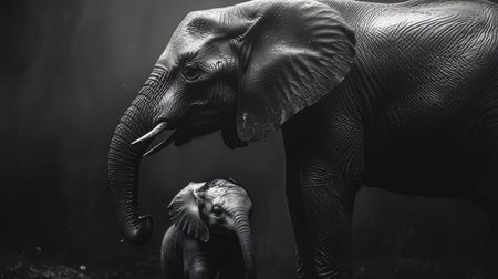 A mother elephant gently touching her calf with her trunk, showing a tender moment in the wild.の素材