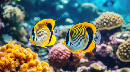 A pair of butterflyfish swimming side by side over a vibrant coral reef, their yellow and black patterns standing out.の素材