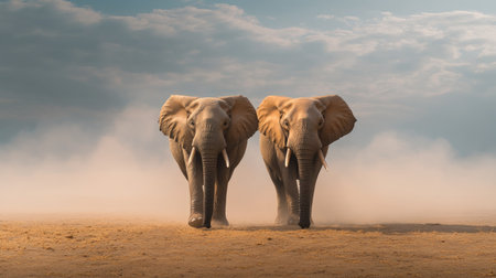 A pair of elephants walking side by side through a dry, dusty landscape, their massive footprints visible in the sand.の素材