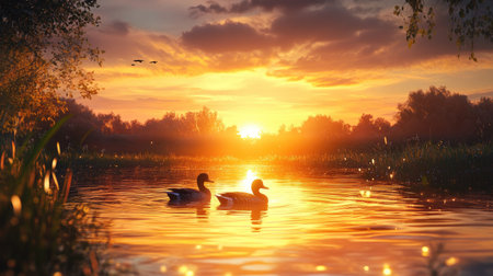 A pair of ducks swimming in a small farm pond, their reflections shimmering on the water as the sun sets behind them.の素材