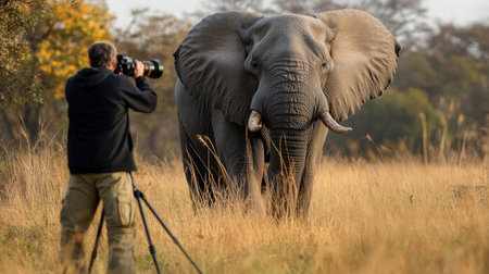 A photographer standing at a safe distance, taking a breathtaking shot of a massive bull elephant in the wild.の素材