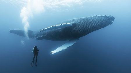 A scuba diver observing a massive humpback whale from a respectful distance, highlighting the scale of nature.の素材