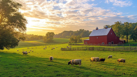 A peaceful farm scene at sunrise with cows, sheep, and chickens grazing in a lush green pasture, a red barn in the background.の素材