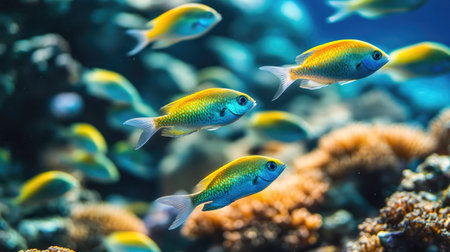 A playful school of damselfish in shades of blue, yellow, and green darting among corals.の素材