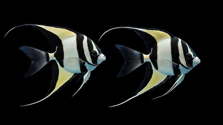 A pair of Moorish idol fish swimming side by side, their long trailing fins creating a striking image.の素材