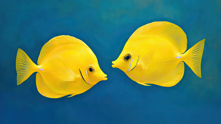 A pair of yellow tang fish swimming side by side in the blue waters of a tropical reef.の素材