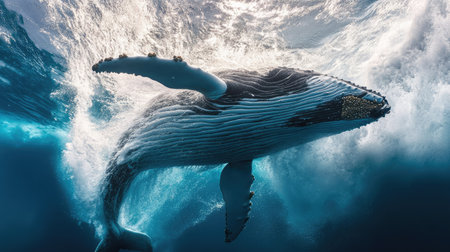 A rare underwater view of a whale breaching, captured mid-motion before launching above the waves.の素材