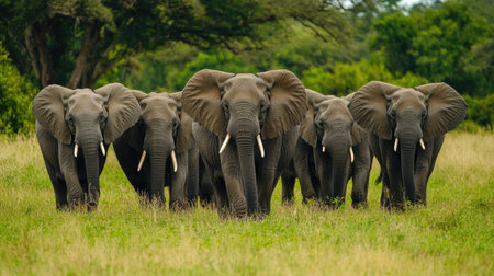 A peaceful moment as a herd of elephants gathers in a clearing, their ears flapping and tails swishing.の素材