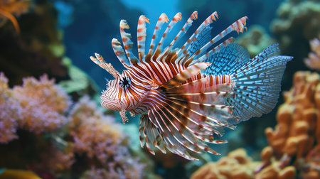 A striking lionfish with long, flowing spines moving gracefully through a thriving coral reef.の素材