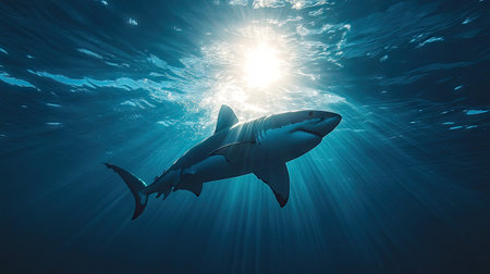 A silhouette of a great white shark swimming near the ocean surface, sunlight creating a dramatic effect.の素材