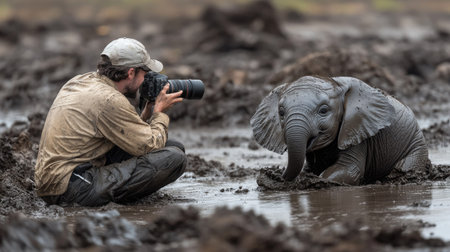 A photographer on a safari expedition capturing a playful baby elephant rolling in the mud.の素材