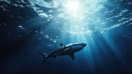 A powerful great white shark swimming just below the ocean surface, sunlight filtering through the water.の素材
