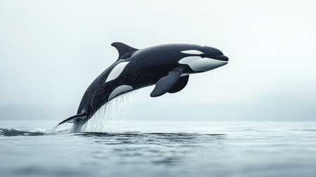 A stunning image of an orca whale leaping high above the ocean surface, its sleek black and white body glistening.の素材