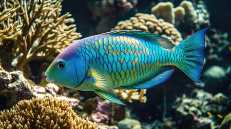 A stunning parrotfish with iridescent blue and green scales feeding on coral in a sunlit reef.の素材
