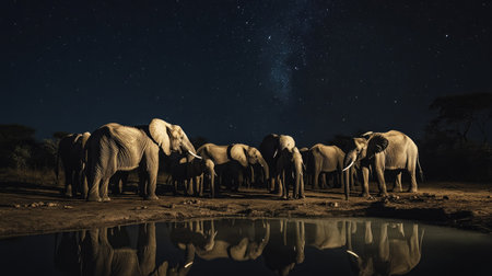 A stunning night-time photograph of elephants gathered at a watering hole, illuminated by moonlight.の素材