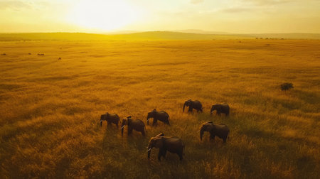 A stunning aerial shot of a wild elephant herd moving through an open grassland.の素材