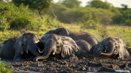 A playful herd of elephants rolling in the mud, coating their skin in dust to protect from the sun.の素材