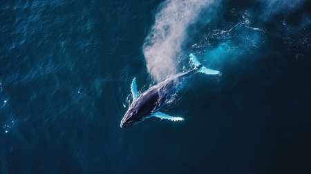 A stunning aerial view of a humpback whale surfacing for air, exhaling a misty spout of water.の素材