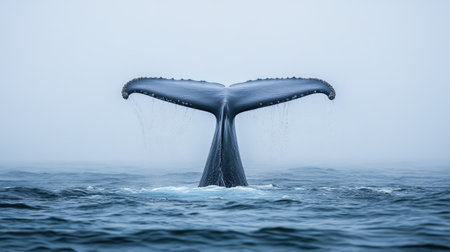 A stunning image of a blue whale's tail fin rising above the water before a deep dive.の素材