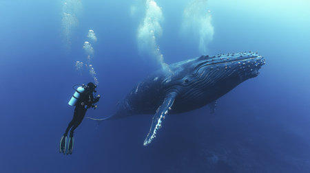 A scuba diver observing a massive humpback whale from a respectful distance, highlighting the scale of nature.の素材