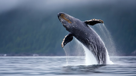 A whale calf imitating its mother, playfully jumping out of the water in perfect synchronization.の素材