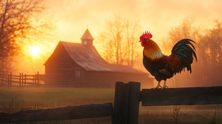 A rooster standing on a wooden fence at dawn, crowing as the sun rises over a rustic farmhouse and barn.の素材