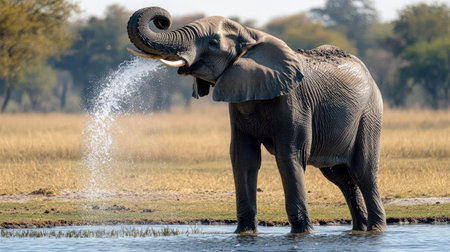 A wild elephant standing near a watering hole, spraying water onto its back with its long trunk.の素材