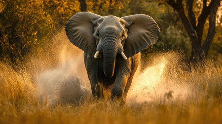 A wild elephant flaring its ears and raising its trunk, displaying dominance in its natural habitat.の素材