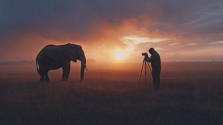 A stunning silhouette of an elephant at sunrise, with a photographer capturing the moment from afar.の素材